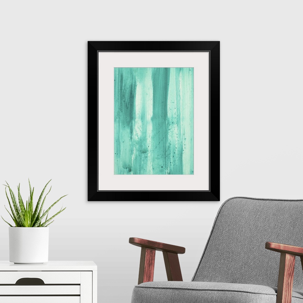 A modern room featuring Abstract art painting of vertical streaks of paint in varying shades of water tones.