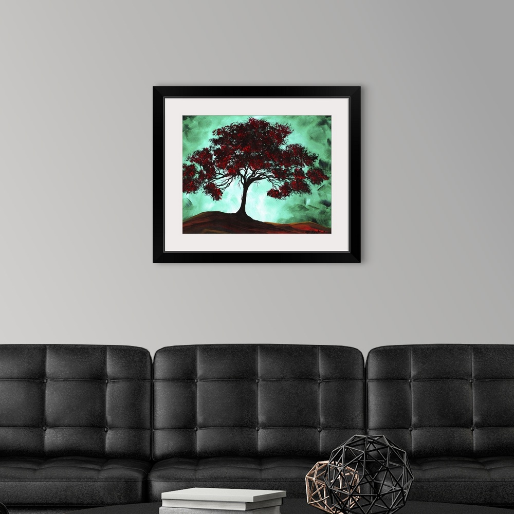 A modern room featuring Contemporary painting of a large tree that has red leaves and a glowing green background to contr...