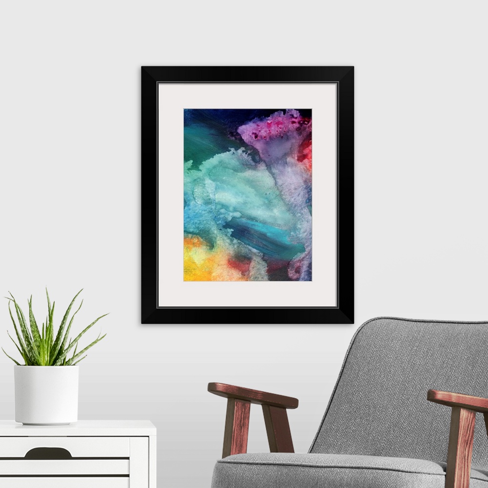 A modern room featuring Vertical, big abstract painting of fluid variety of colors swirling together like liquid.