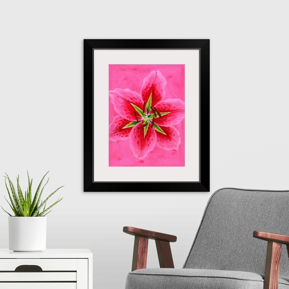 A modern room featuring Contemporary artwork of a close-up of a pink flower.