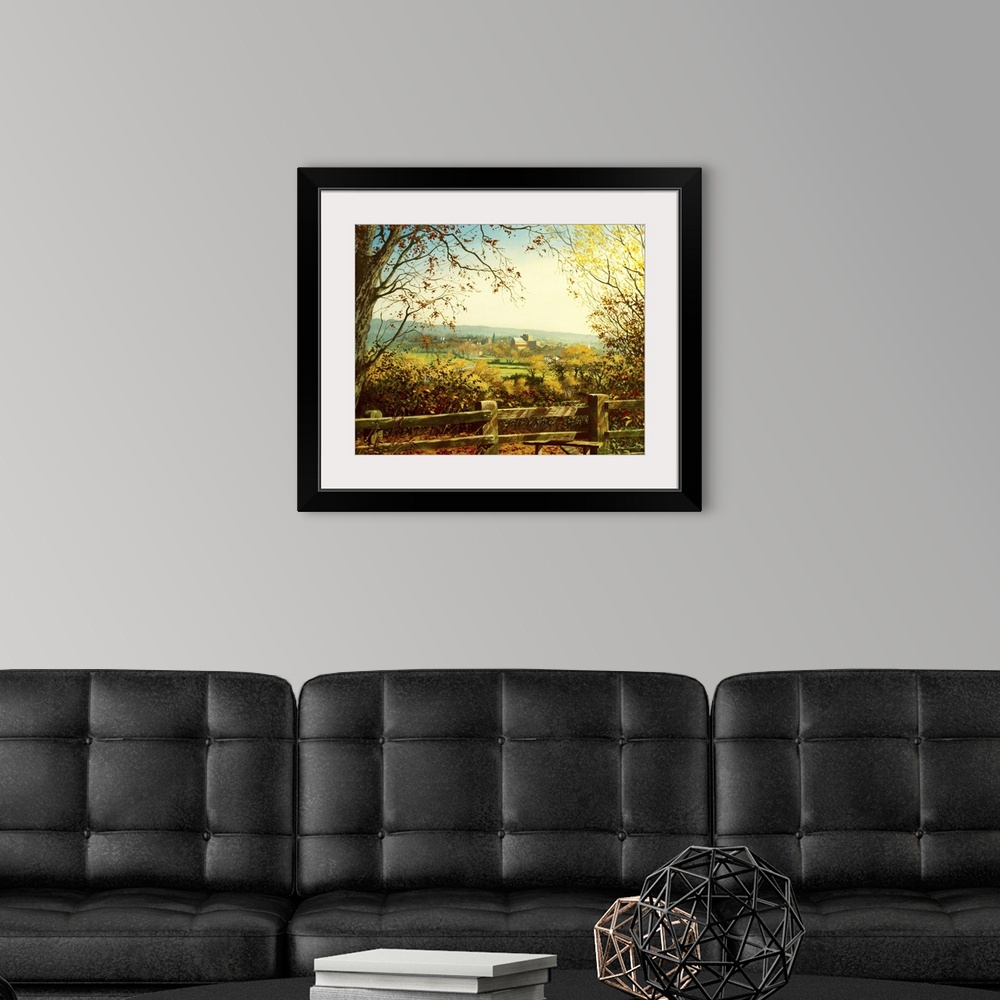 A modern room featuring Idyllic painting of a rural landscape, with a village in the distance.