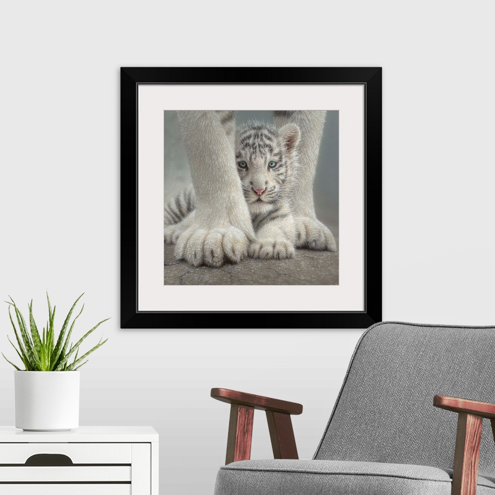 A modern room featuring White Tiger Cub - Sheltered
