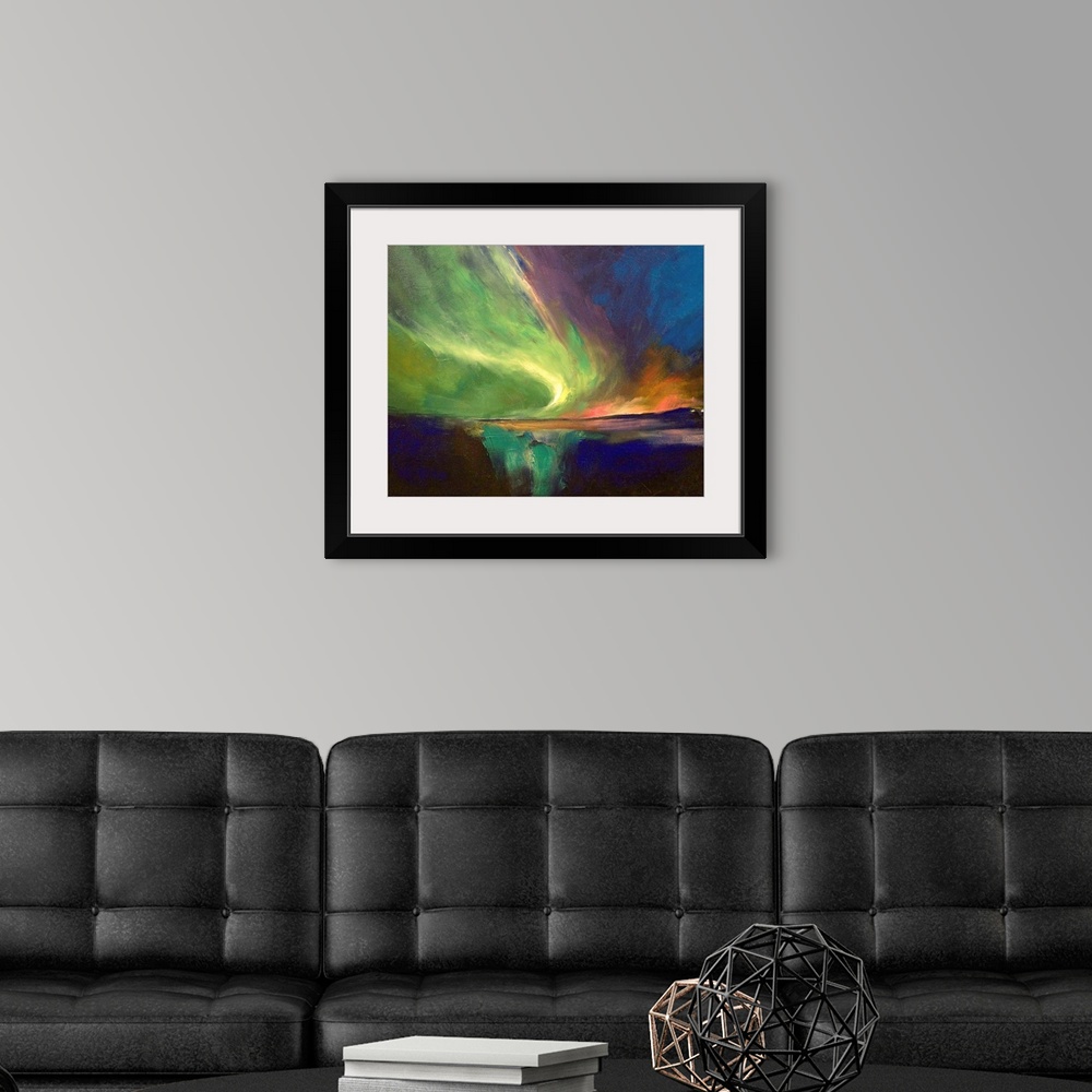A modern room featuring A landscape wall hanging of the Northern Lights sweeping across the night sky and reflecting in t...