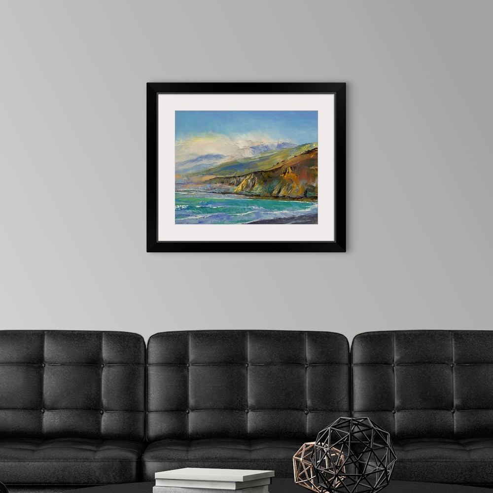 A modern room featuring Contemporary oil paint landscape of sea cliffs and waves washing against the shore.