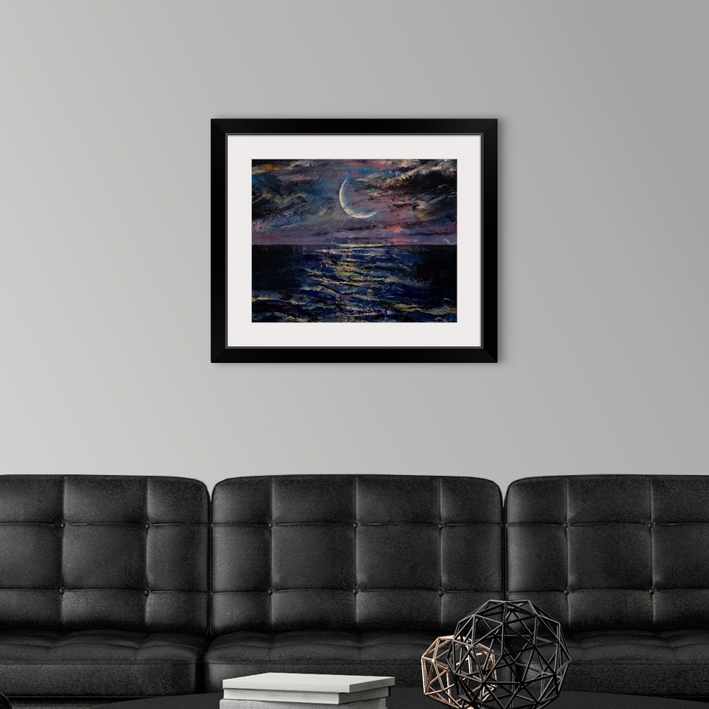 A modern room featuring A contemporary painting of a crescent moon above a sea.