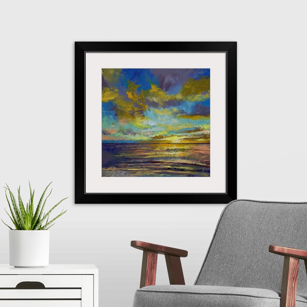 A modern room featuring Big, square painting of the sun setting in a vibrant sky over the waters of Key Largo, painted wi...