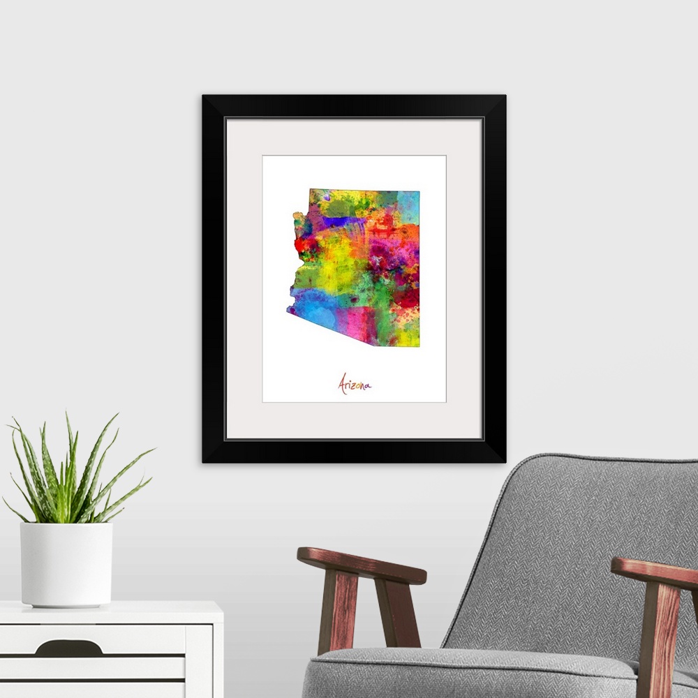 A modern room featuring Contemporary artwork of a map of Arizona made of colorful paint splashes.