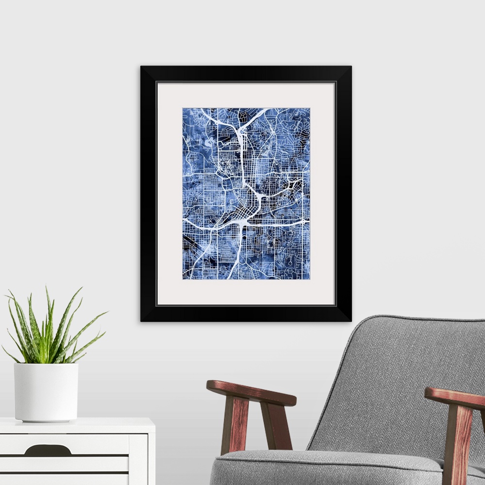 A modern room featuring Contemporary watercolor city street map of Atlanta.
