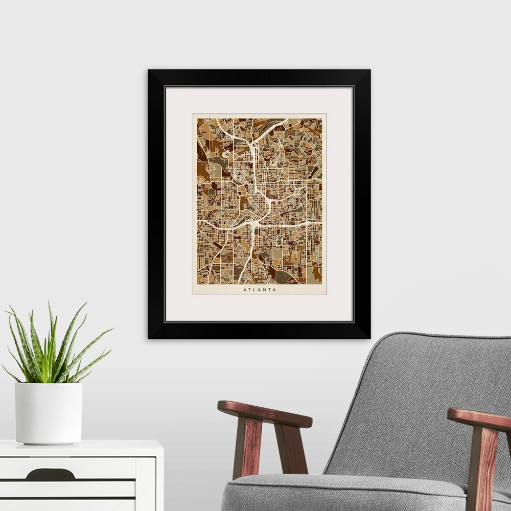 A modern room featuring Brown toned city street map artwork of Atlanta.