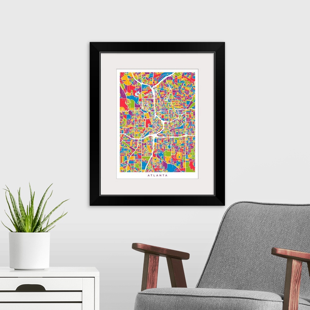 A modern room featuring Colorful city street map artwork of Atlanta.