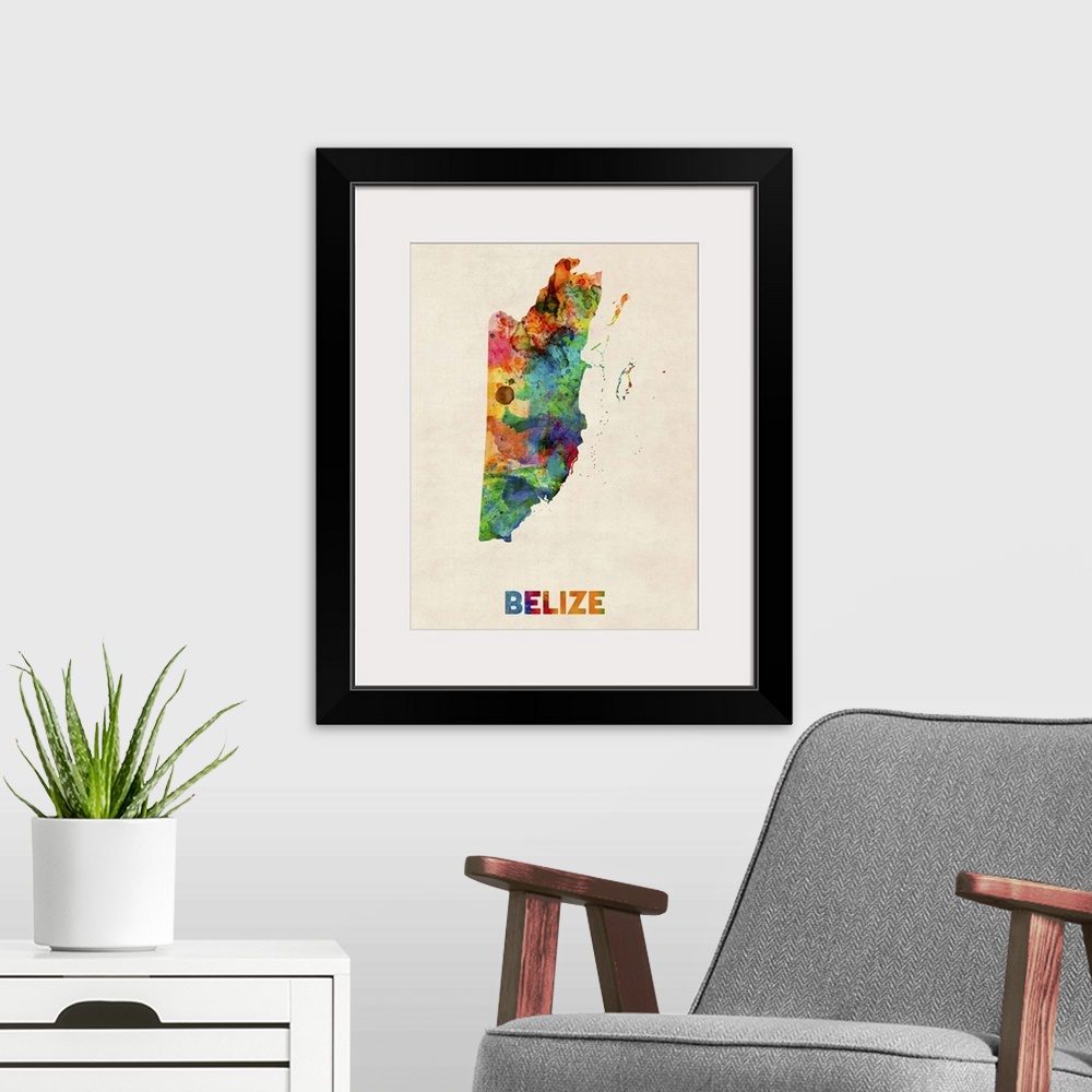 A modern room featuring Watercolor art map of the country Belize against a weathered beige background.