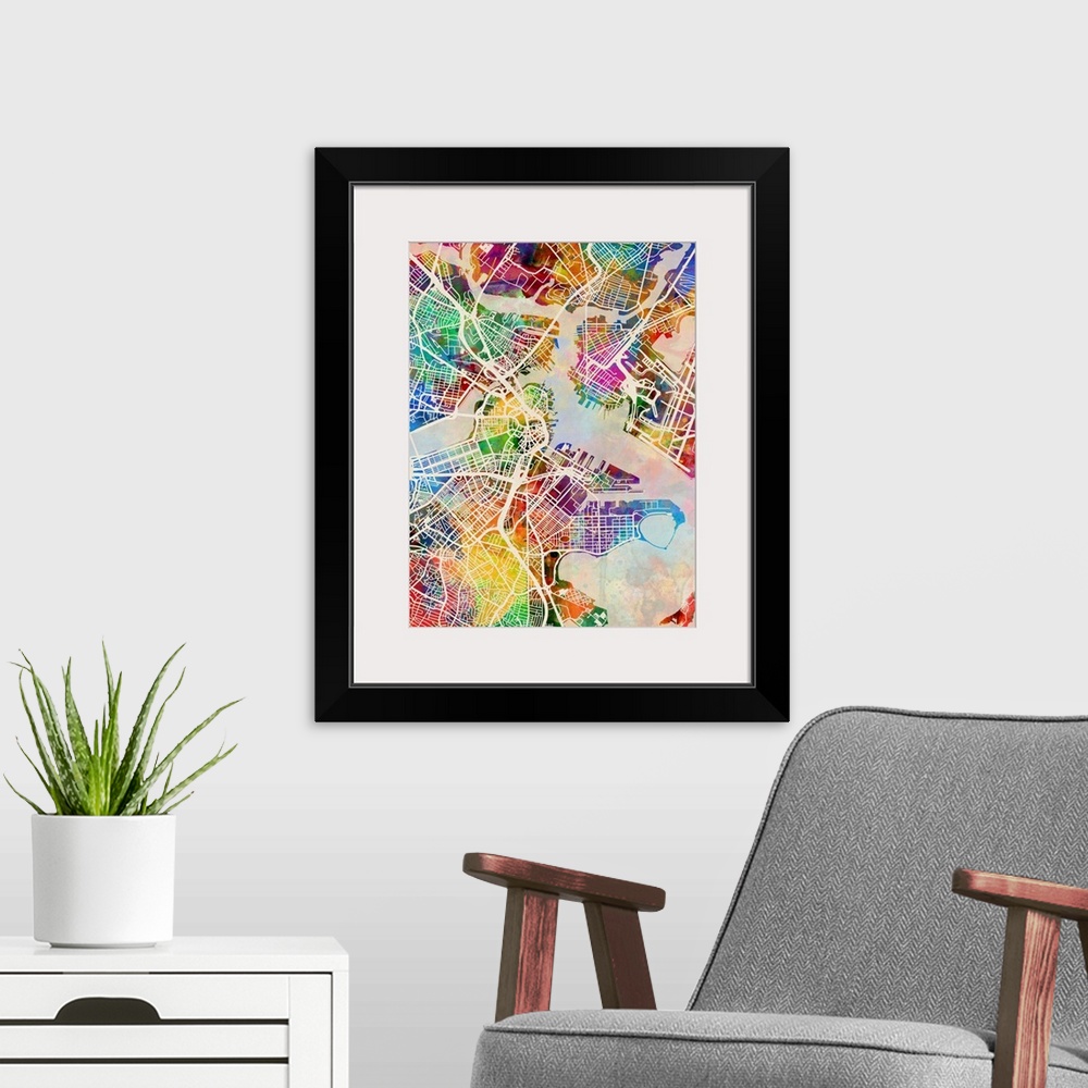 A modern room featuring Contemporary watercolor city street map of Boston.