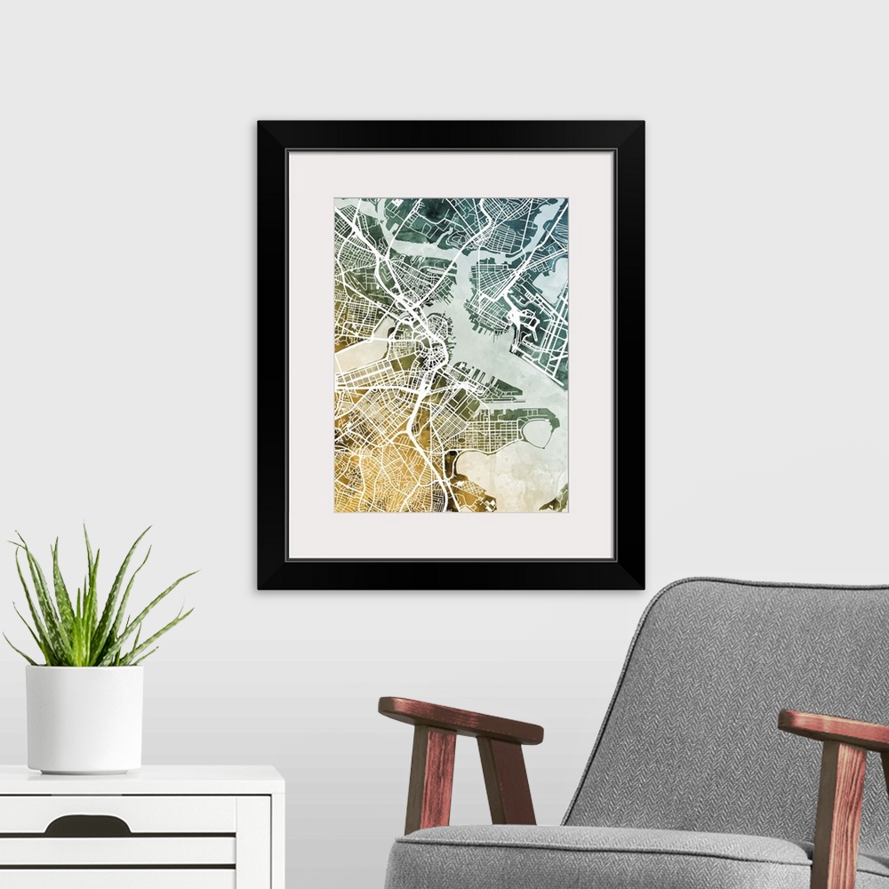 A modern room featuring Watercolor street map of Boston, Massachusetts, United States