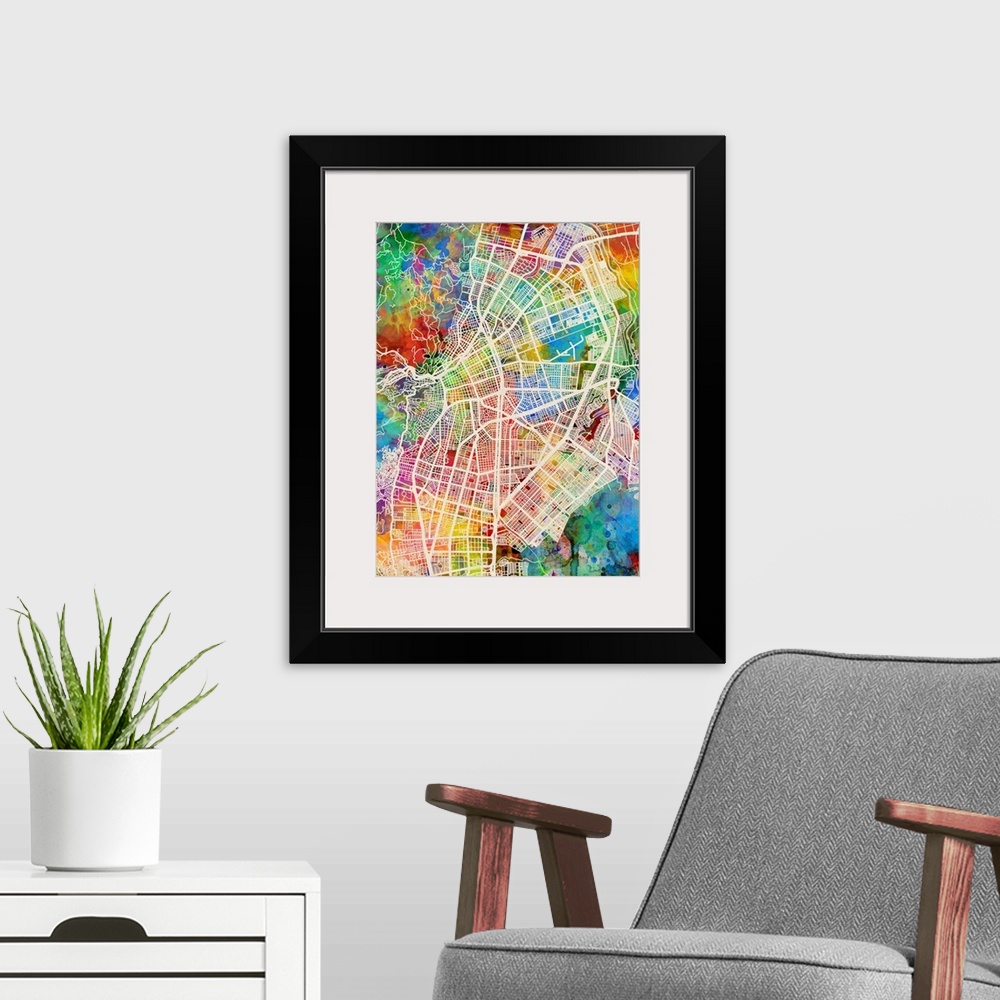 A modern room featuring Watercolor street map of Cali, Colombia