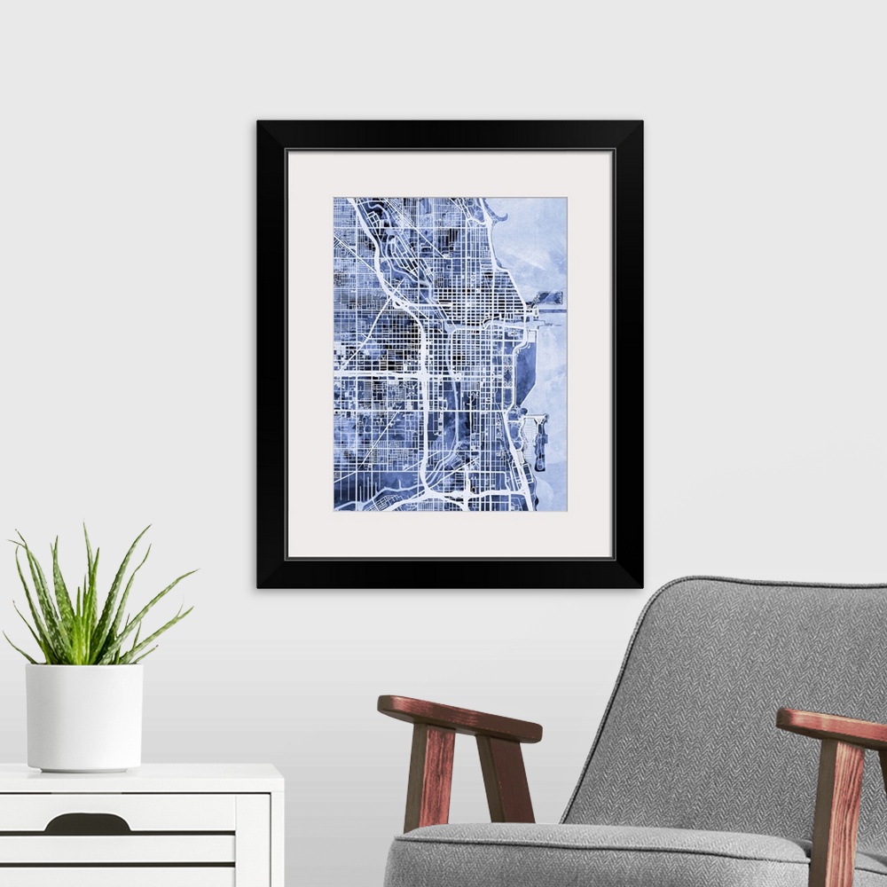 A modern room featuring Contemporary watercolor city street map of Chicago.