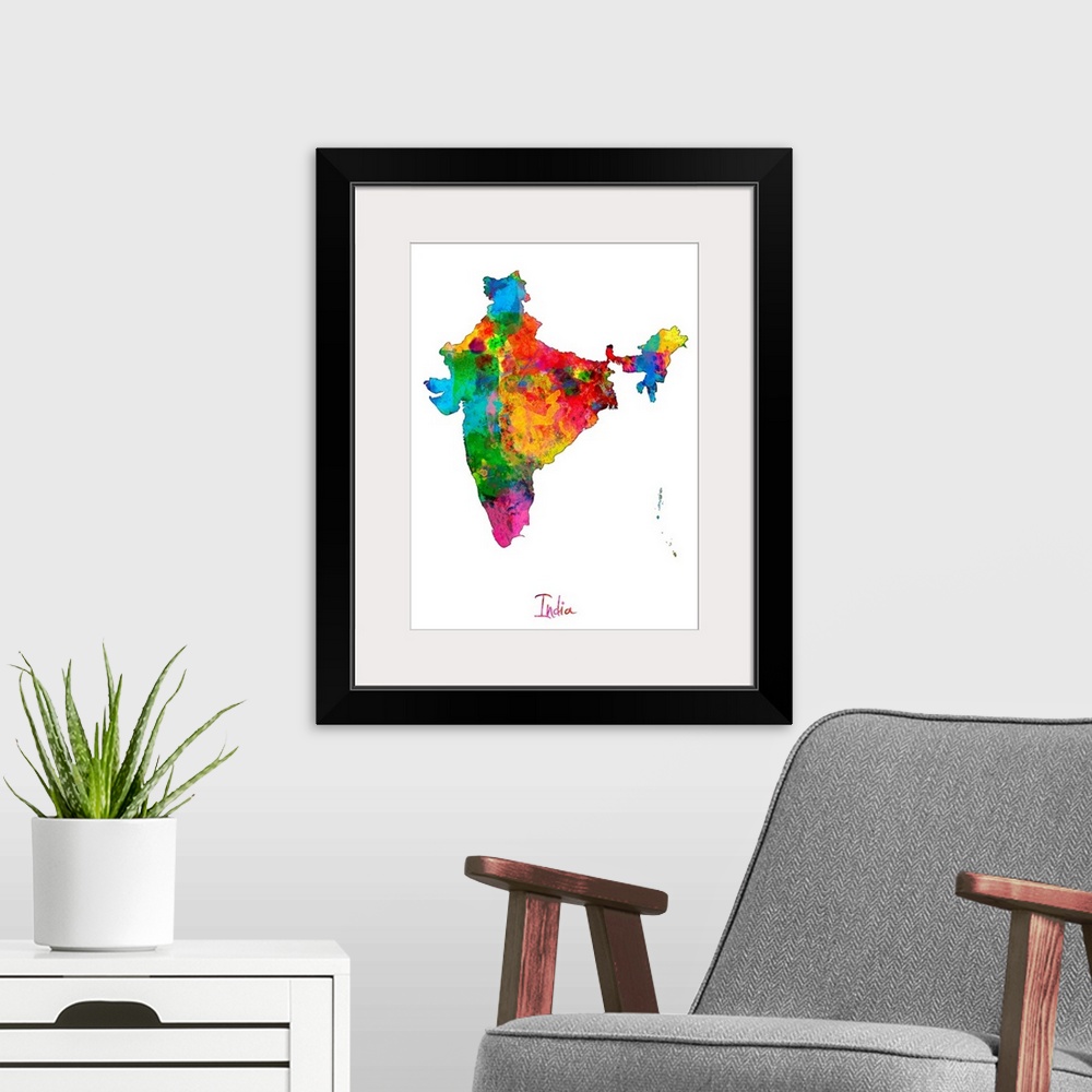 A modern room featuring Watercolor art map of the country India against a white background.