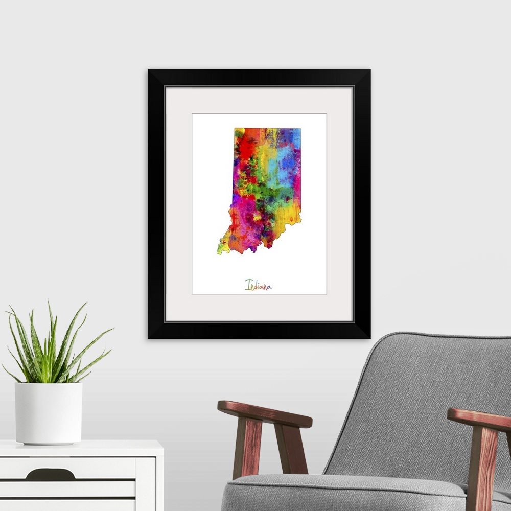 A modern room featuring Contemporary artwork of a map of Indiana made of colorful paint splashes.