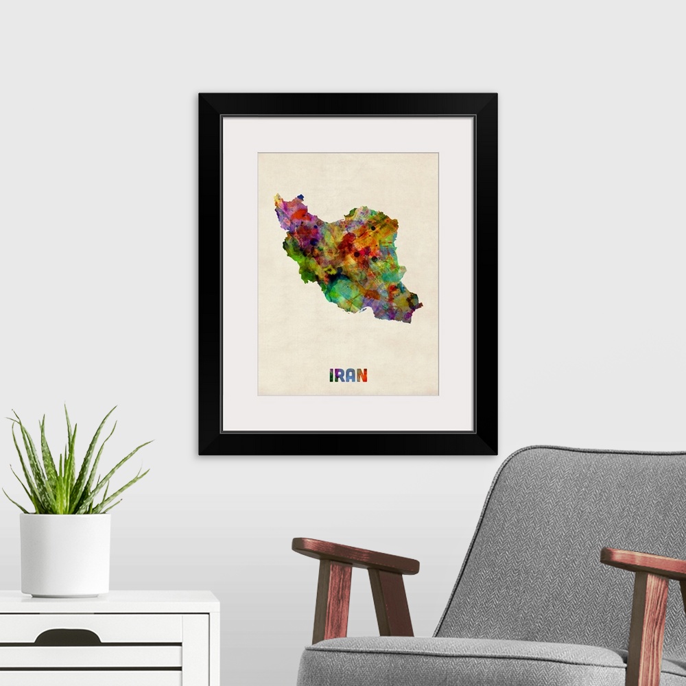 A modern room featuring Iran Watercolor Map