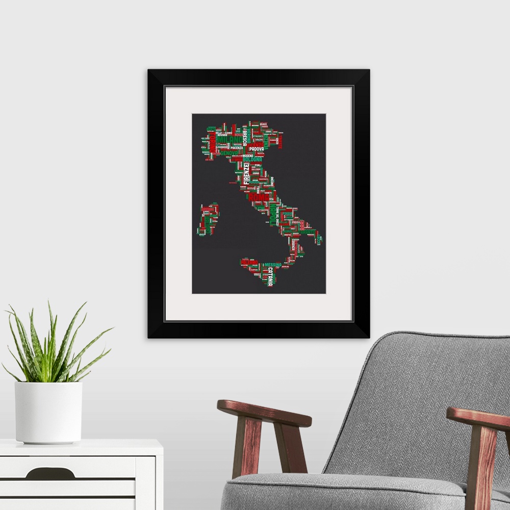 A modern room featuring Italian Cities Text Map, Italian Colors on Grey