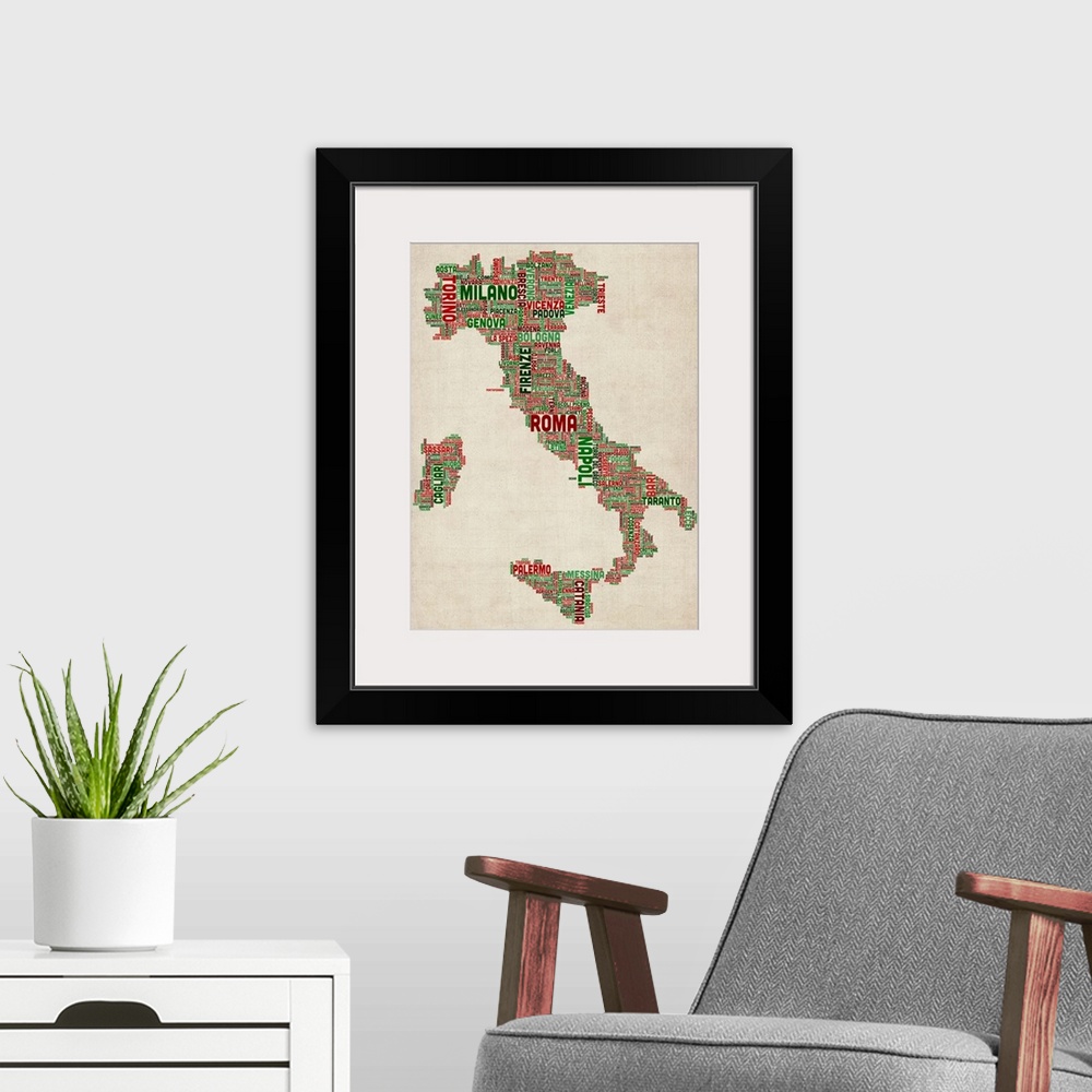 A modern room featuring Italian Cities Text Map, Italian Colors on Parchment