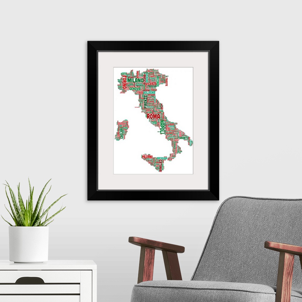 A modern room featuring Italian Cities Text Map, Italian Colors on White