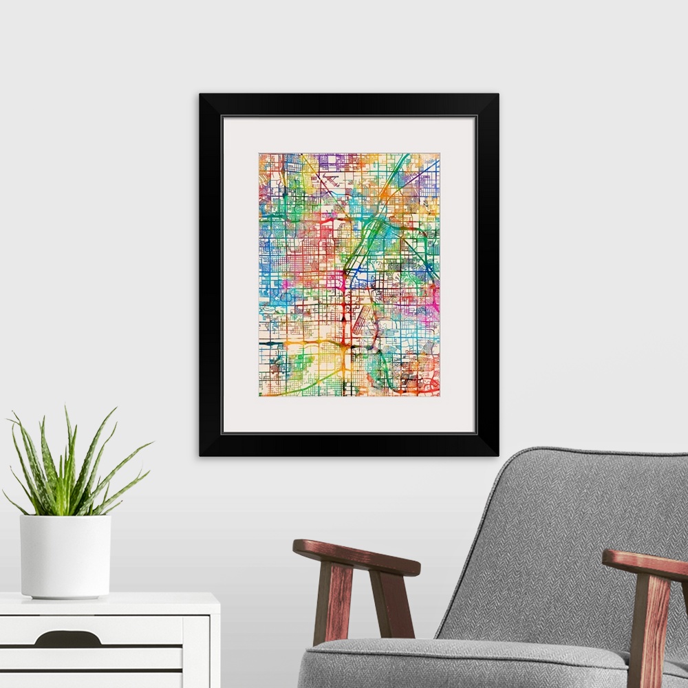 A modern room featuring Contemporary colorful city street map of Las Vegas.