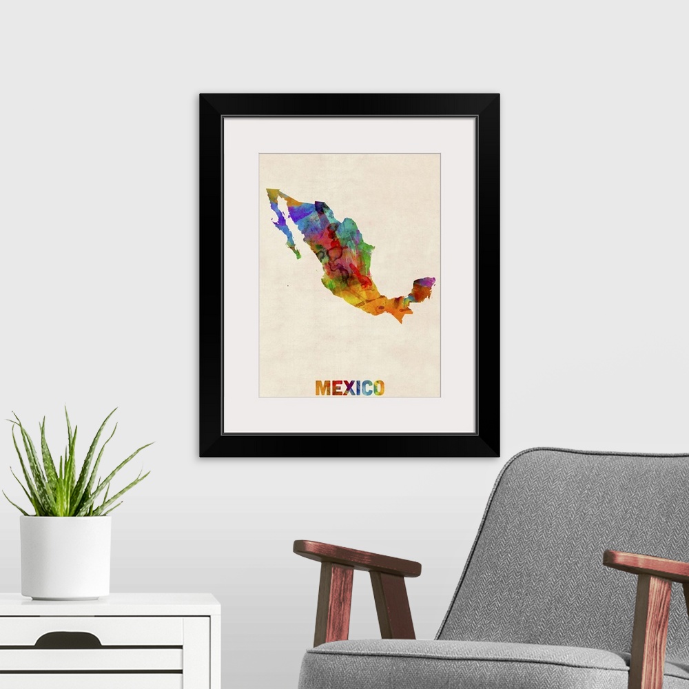 A modern room featuring Contemporary piece of artwork of a map of Mexico made up of watercolor splashes.