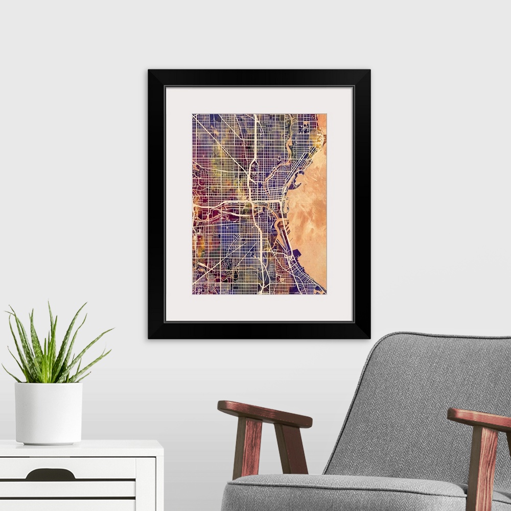 A modern room featuring Watercolor street map of Milwaukee, Wisconsin, United States