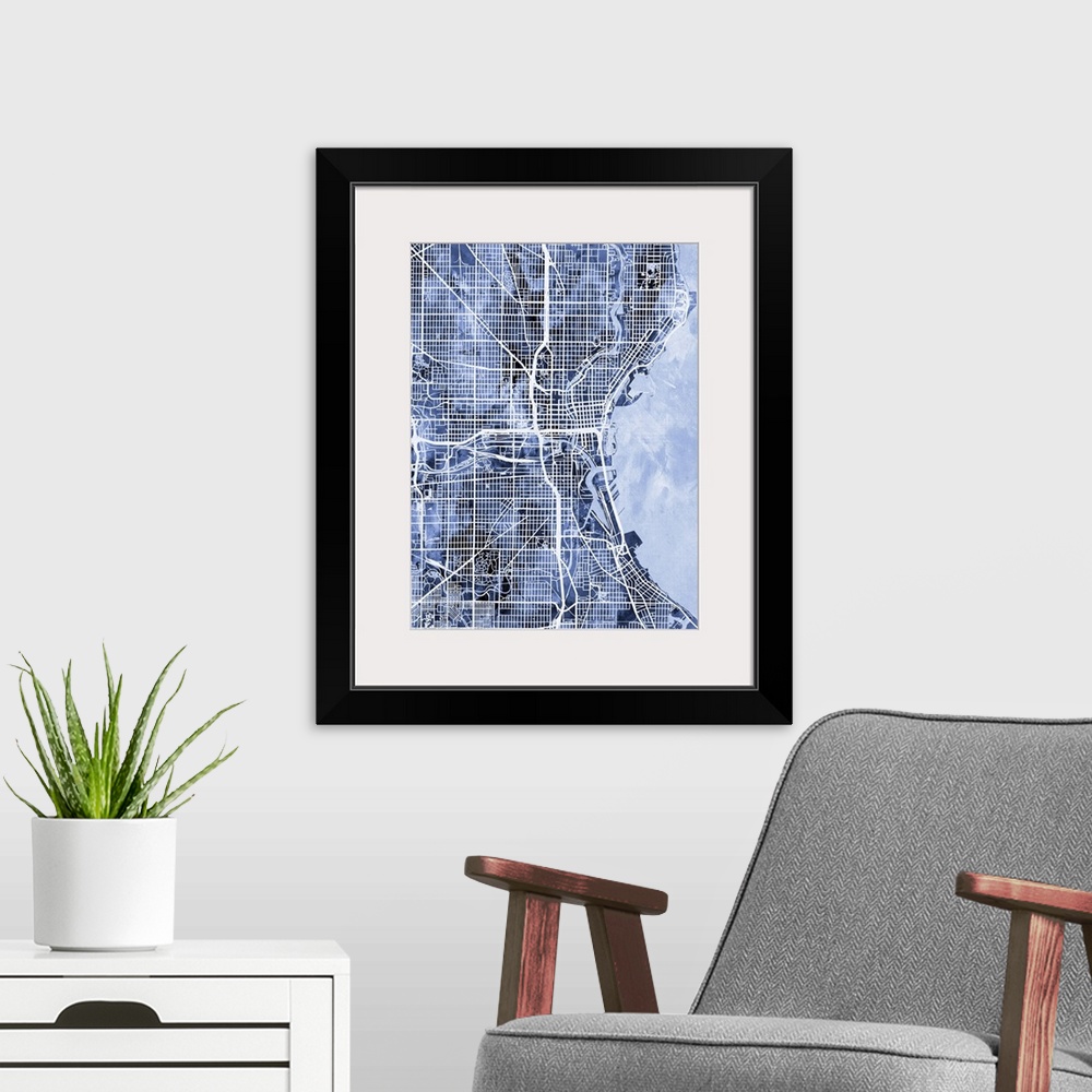 A modern room featuring Watercolor street map of Milwaukee, Wisconsin, United States