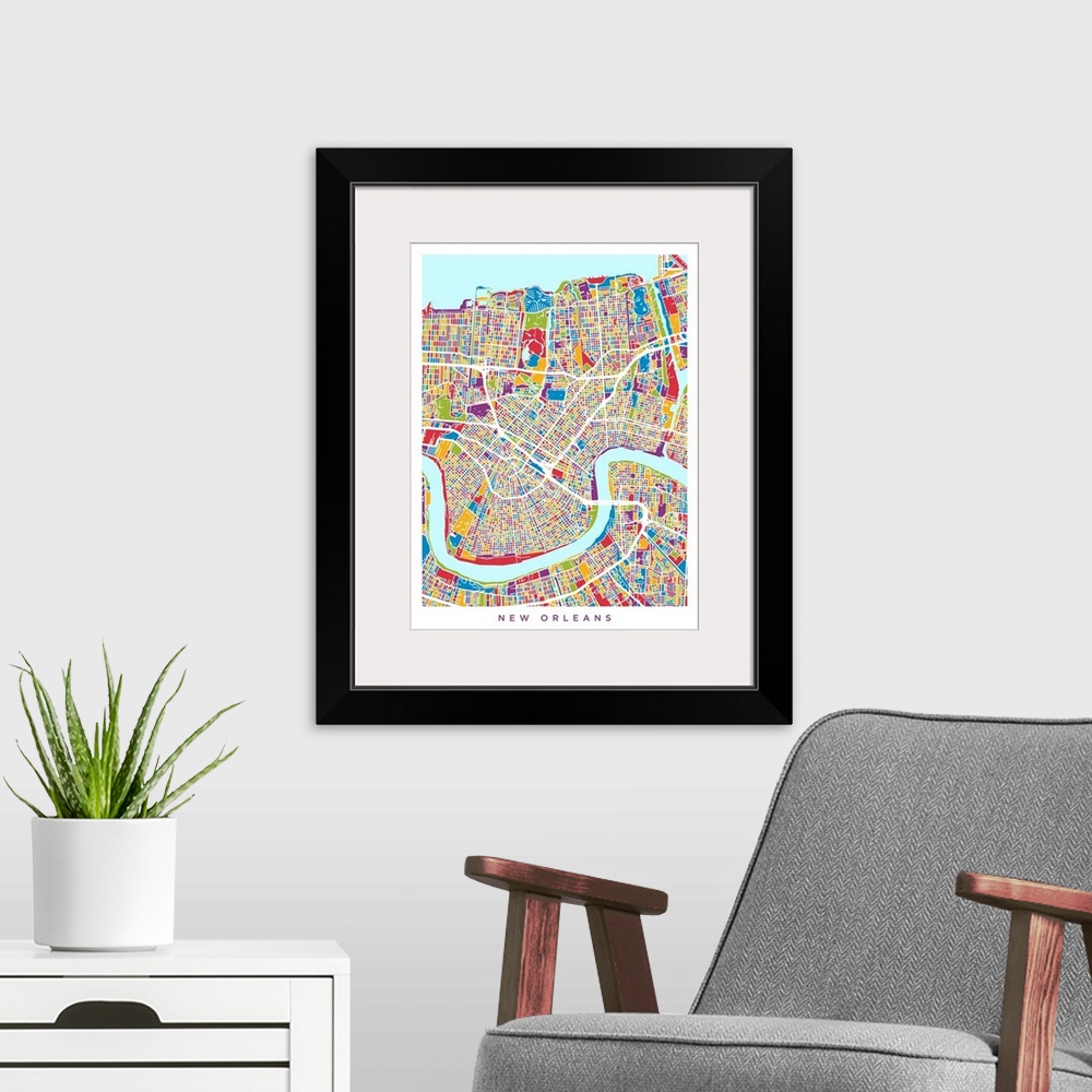 A modern room featuring Colorful city street map artwork of New Orleans.