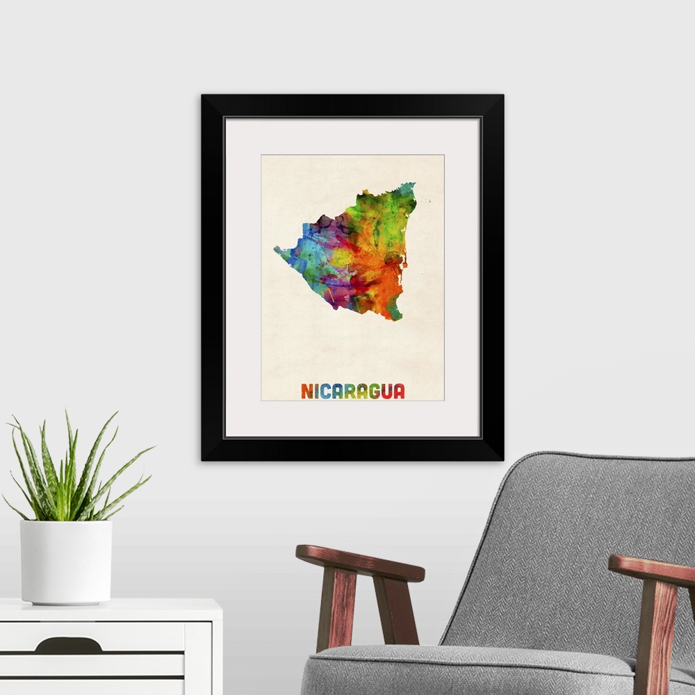 A modern room featuring Watercolor art map of the country Nicaragua against a weathered beige background.