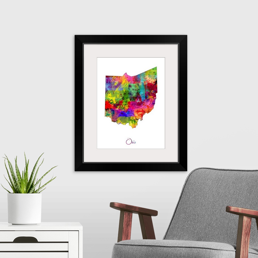 A modern room featuring Contemporary artwork of a map of Ohio made of colorful paint splashes.