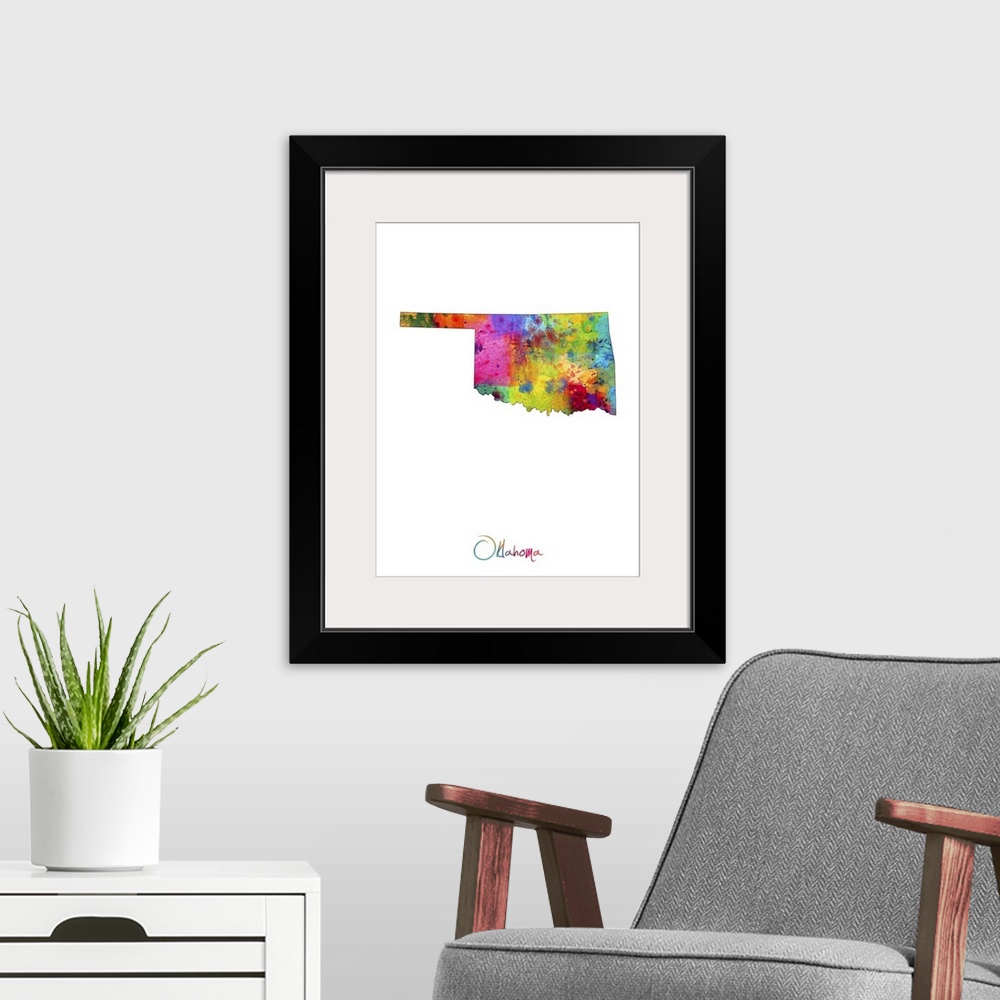 A modern room featuring Contemporary artwork of a map of Oklahoma made of colorful paint splashes.