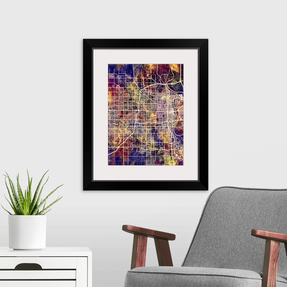 A modern room featuring Watercolor street map of Omaha, Nebraska, United States