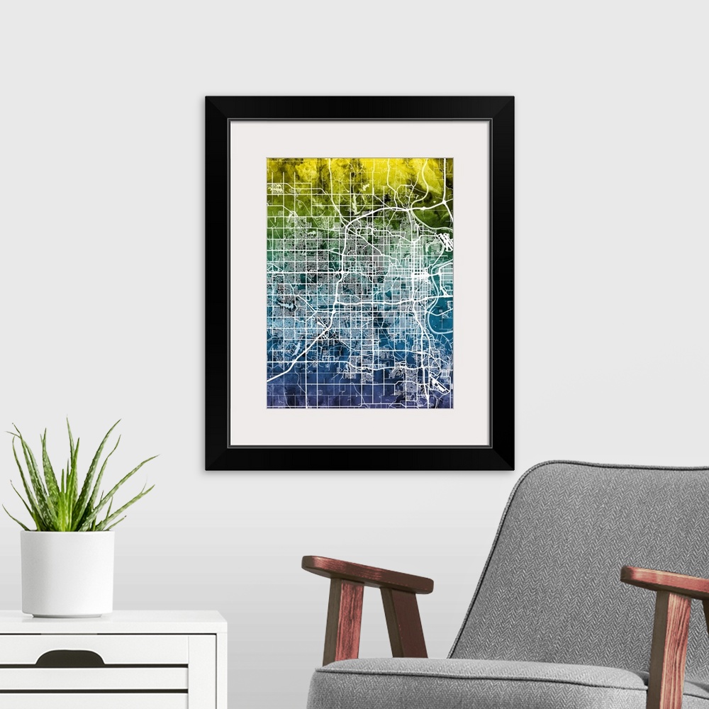 A modern room featuring Watercolor street map of Omaha, Nebraska, United States