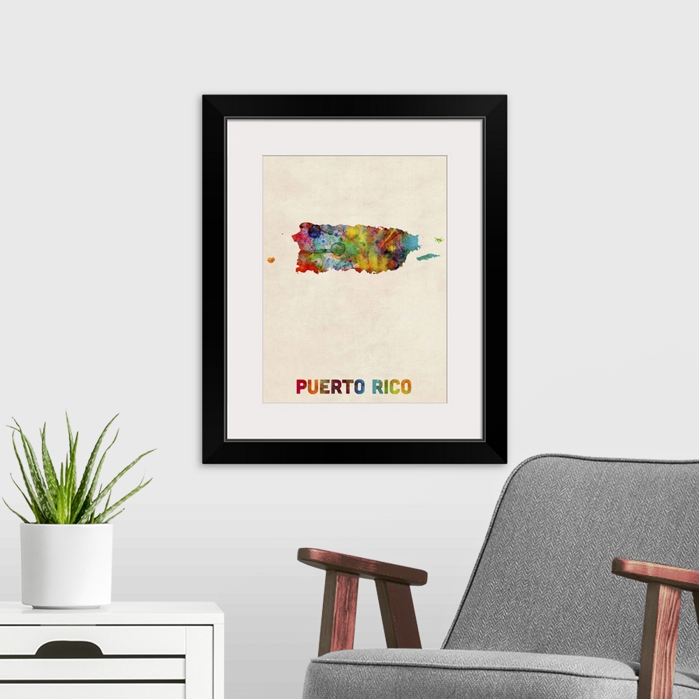 A modern room featuring Colorful watercolor art map of Puerto Rico against a distressed background.