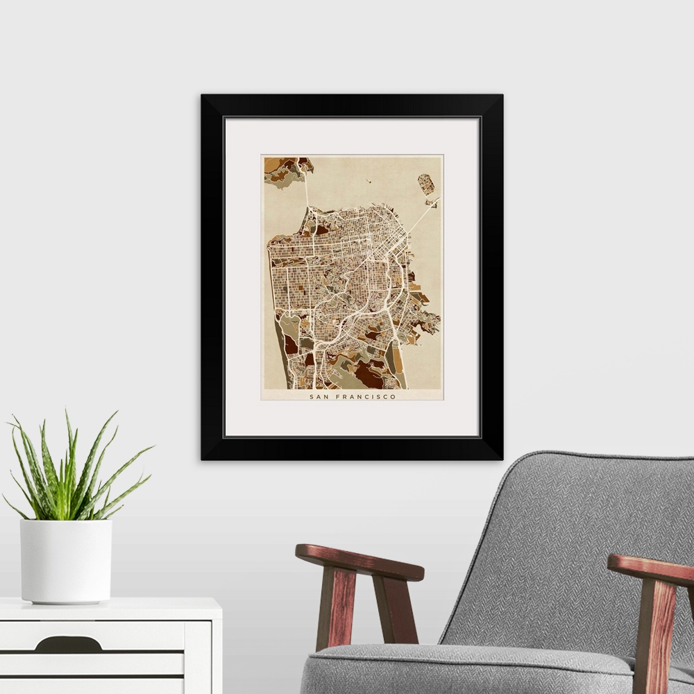 A modern room featuring Contemporary artwork of a map of the city streets of San Francisco in dark brown tones.