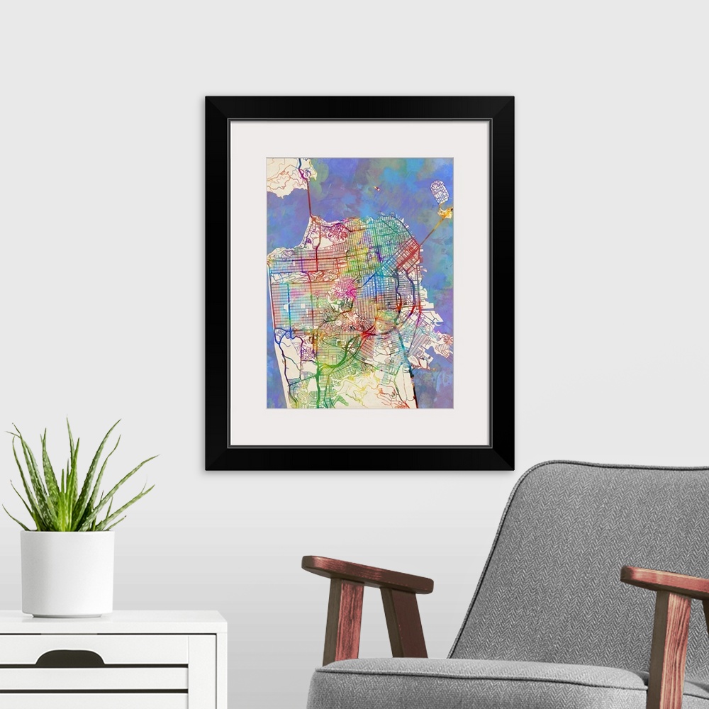 A modern room featuring Contemporary watercolor city street map of San Francisco.