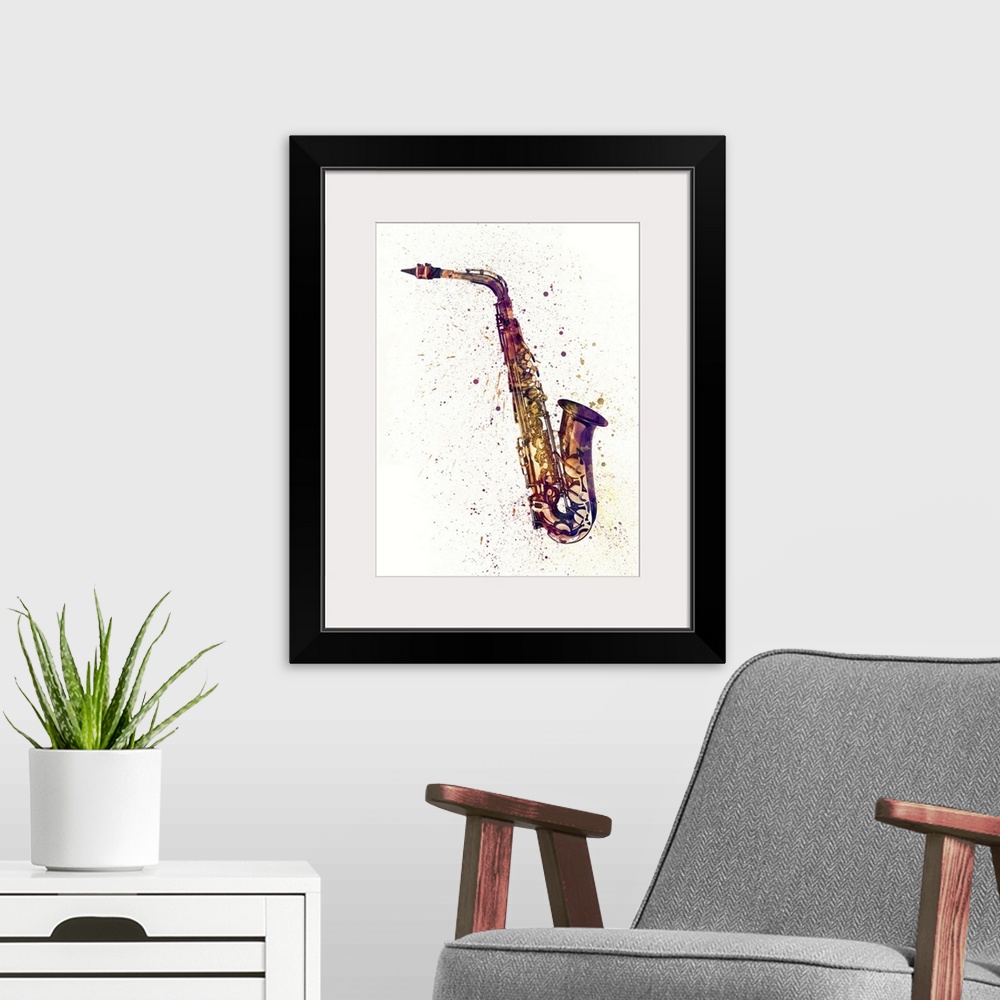 A modern room featuring Contemporary artwork of a saxophone with bright colorful watercolor paint splatter all over it.
