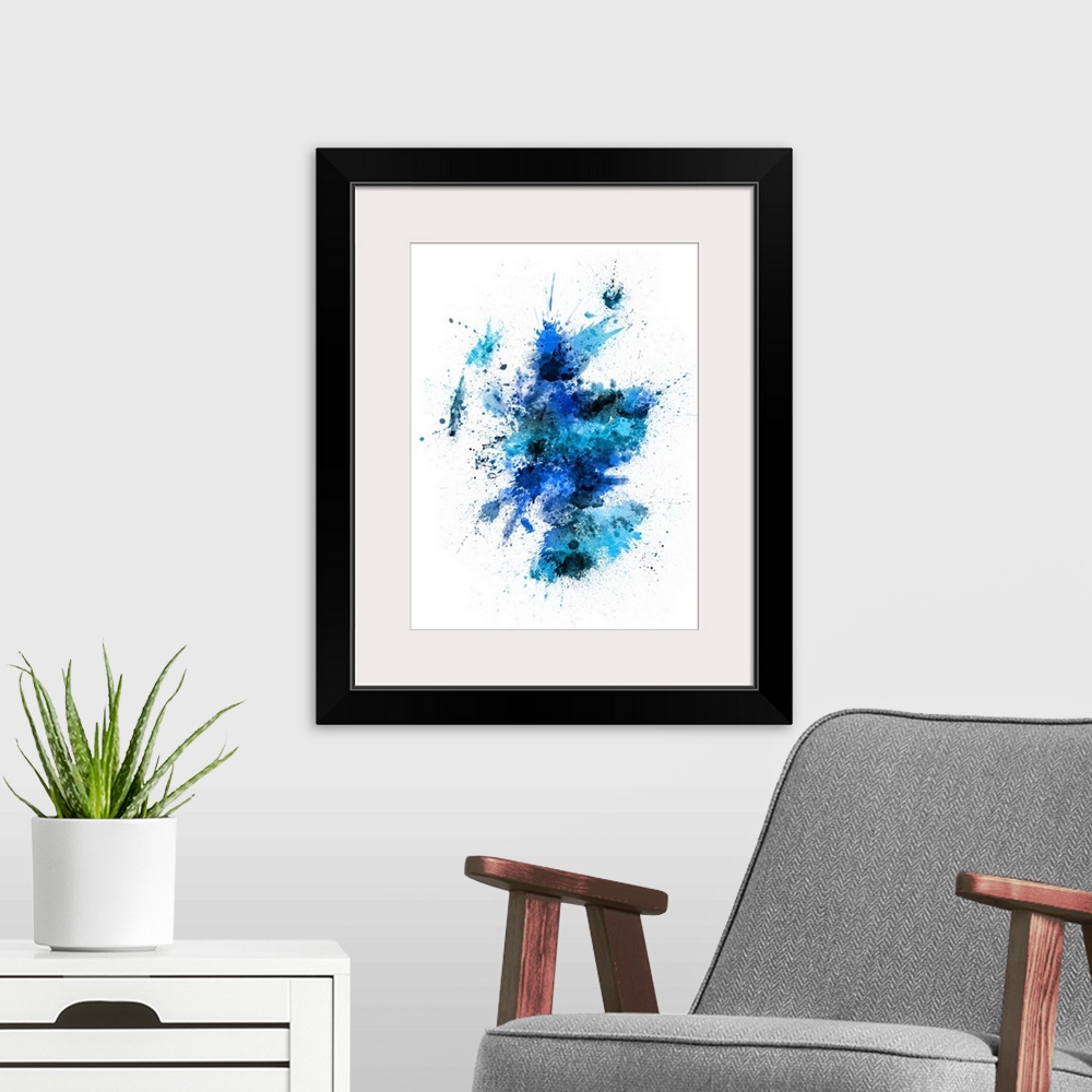 A modern room featuring Contemporary art map of Scotland made up of blue watercolor paint splashes.