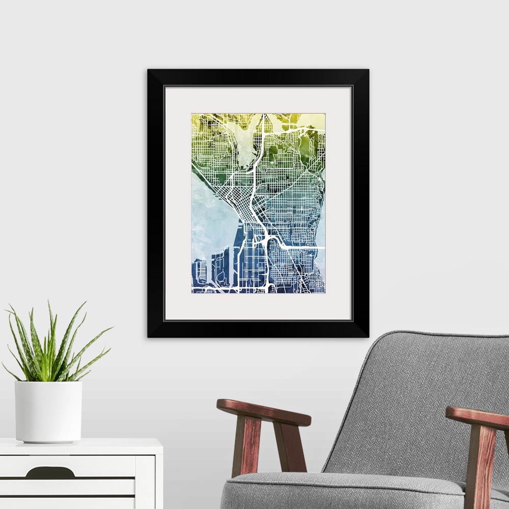 A modern room featuring Contemporary watercolor city street map of Seattle.