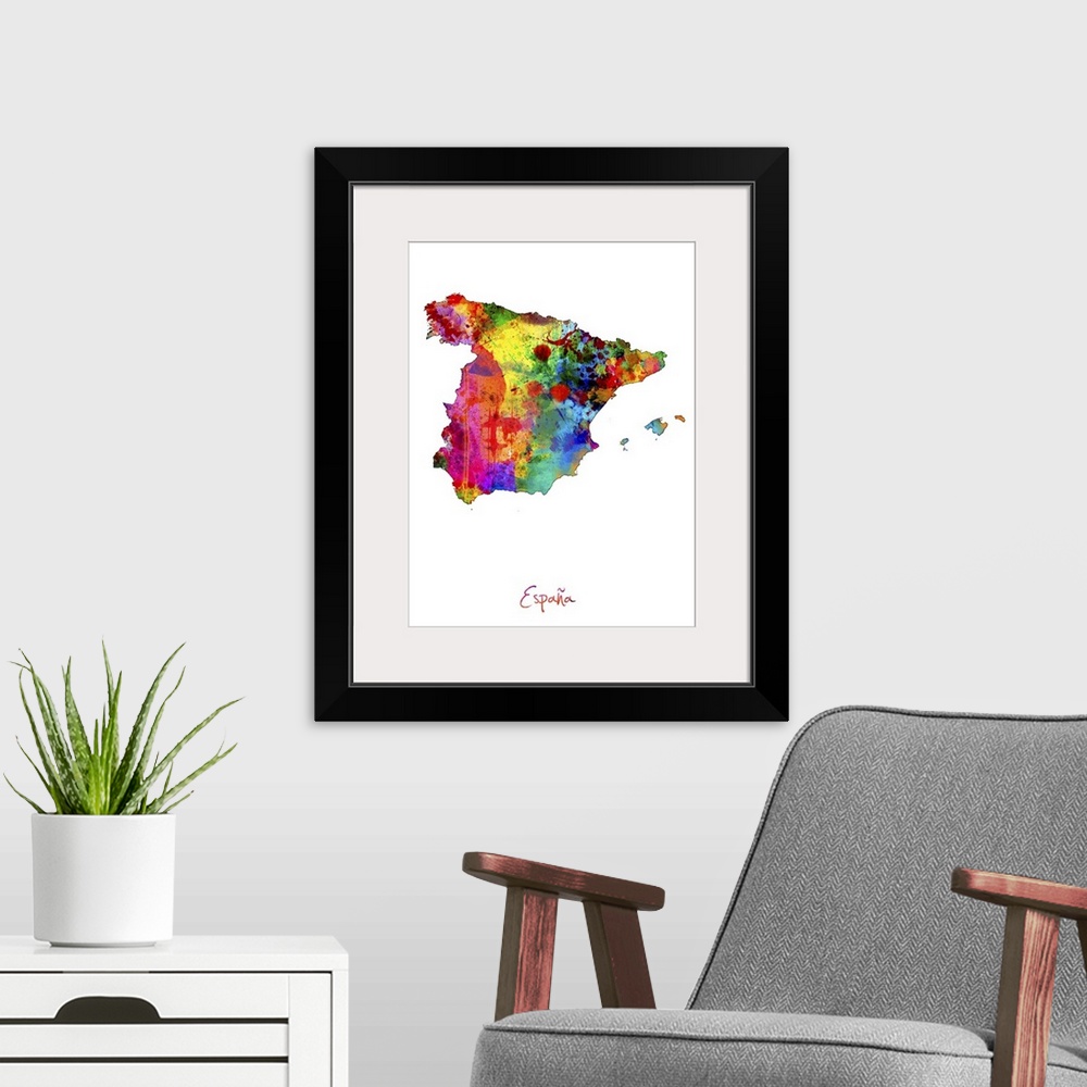 A modern room featuring Watercolor art map of the country Spain against a white background.