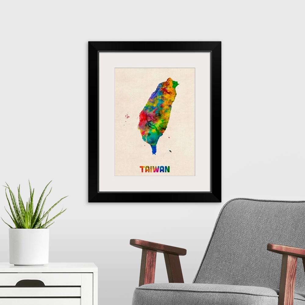 A modern room featuring Colorful watercolor art map of Taiwan against a distressed background.
