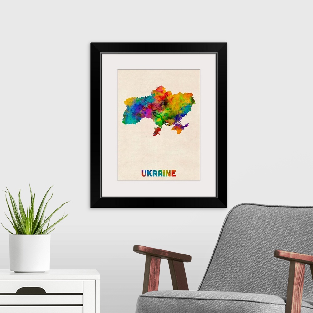 A modern room featuring Colorful watercolor art map of Ukraine against a distressed background.
