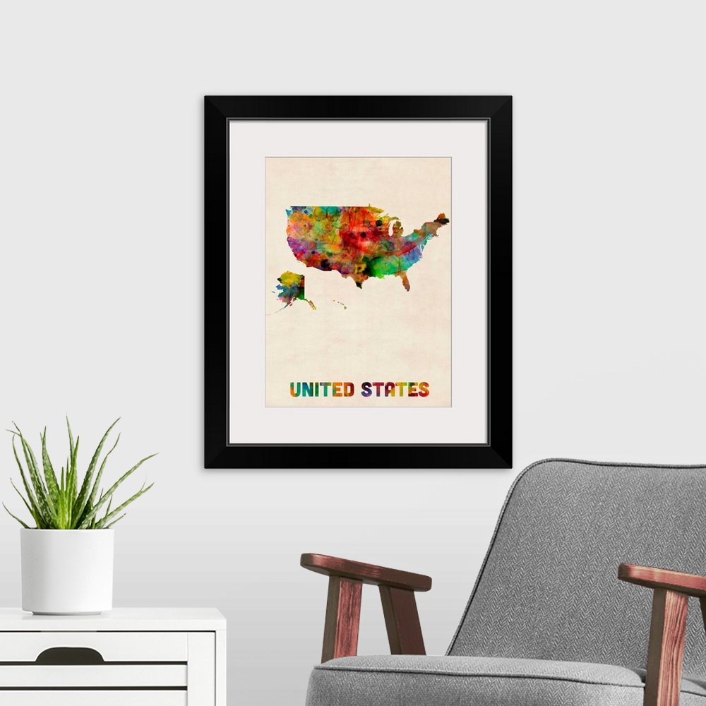 A modern room featuring United States Watercolor Map