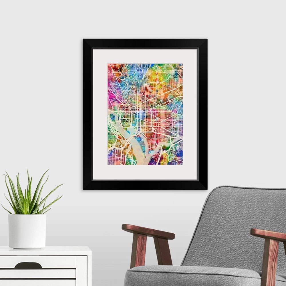 A modern room featuring Contemporary watercolor city street map of Washington DC.