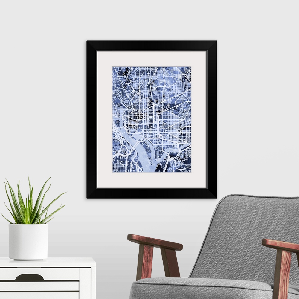 A modern room featuring Contemporary watercolor city street map of Washington DC.