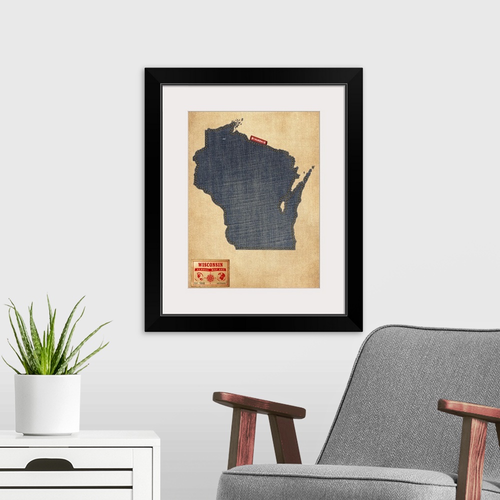 A modern room featuring Contemporary artwork of the state of Wisconsin made of denim, against a rustic background.