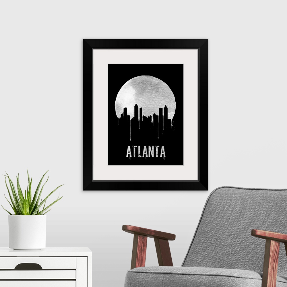 A modern room featuring Contemporary watercolor artwork of the Atlanta city skyline, in silhouette.