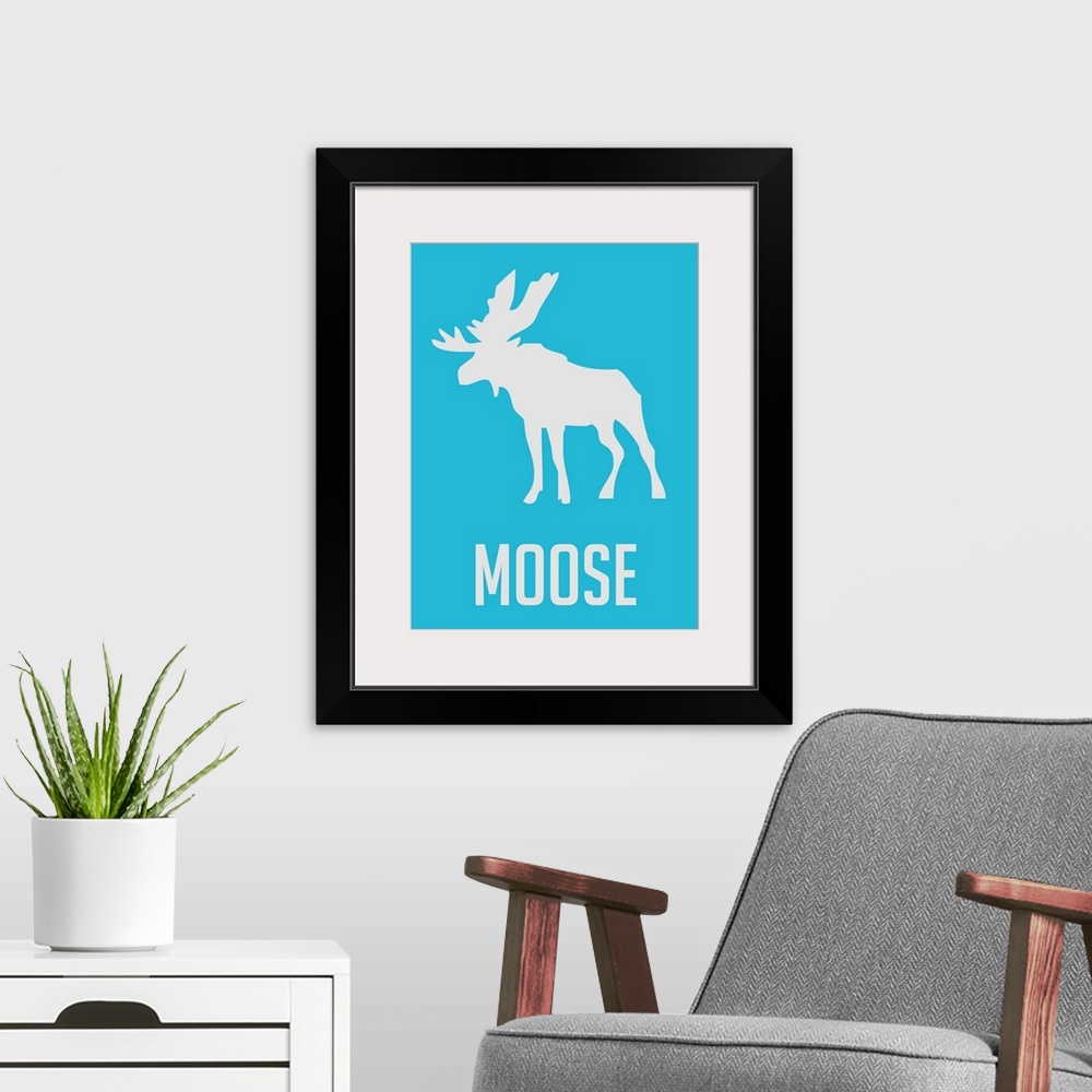 A modern room featuring Minimalist Wildlife Poster - Moose - Blue